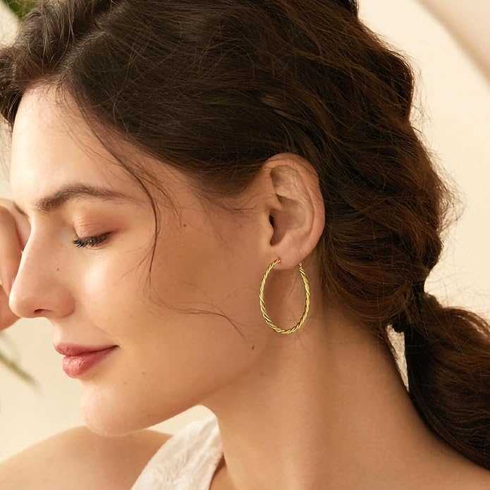 AllenCOCO Gold Hoop Earrings for Women, 18K Gold Plated Twisted Rope Design, Textured Thin Round Hoops with Sterling Silver Post Hypoallergenic 20-70mm