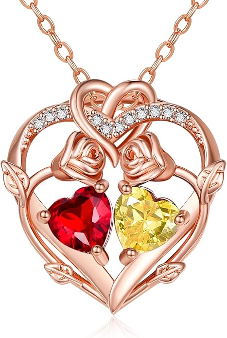 Rose Gold Necklaces for Women Double Birthstone Rose Flower Heart Pendant Necklace Jewelry Anniversary Christmas Valentine's Mother's Day Birthday Gift for Wife Mom Her Girlfriend Sister
