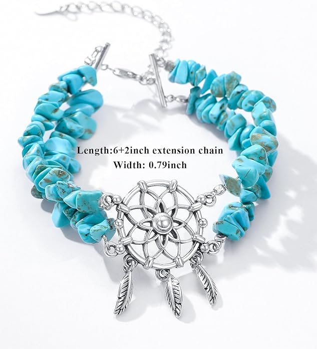 Boho Genuine Turquoise Bracelet for Women Western 925 Sterling Silver Gemstone Tree of Life Dream Catcher Sunflower Bracelets Jewelry for Her