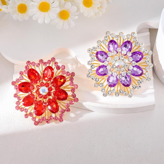 Large Crystal Flower Brooch Pin for Women Red purple pink green Rhinestone Flower Lapel Pin Wedding Party Birthday Dance Banquet Dress Suit Ceremony Clothes Hat Bag Accessories Jewelry