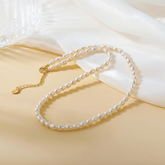 14K Gold Plated Freshwater Pearl Necklaces for Women Teens Dainty Small 4mm Adjustable Chain 16+2" Oval Rice Real Pearl Strand Necklace Pearl Accessories Jewelry Gifts