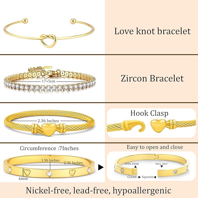 FAFUGA 18 K Gold Plated Love Bangle Bracelet Stack Cuff Jewelry for Women Jewelry Set for Women Gift with Box