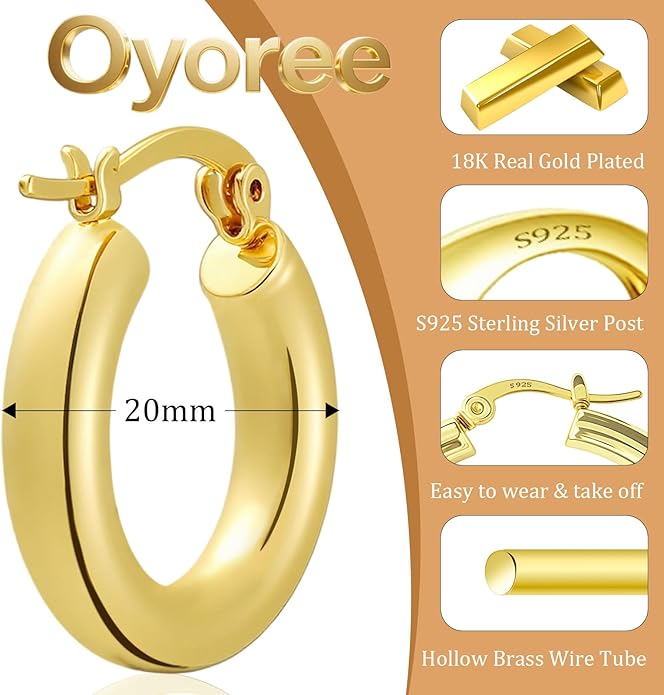 Hoop Earrings for Women, 18K Gold Plated Hoops Earrings, Hypoallergenic Lightweight Comfort Hollow Tube Hoops with Secure Push Lock, Chunky and Sleek Gold Hoops Large Earrings 20/30/40/50/60MM