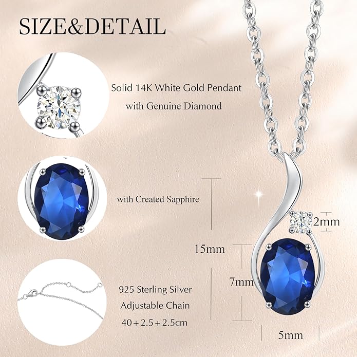FANCIME 14K Solid White Gold Oval Gemstone Necklace with Diamond Pendant Gifts for Mom Women,16"+2" Inches