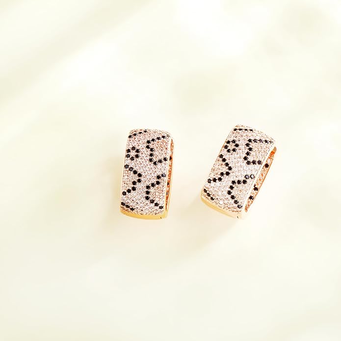Rose Gold Hoop Earrings for Women, 925 Silver-Plated Thickened Hypoallergenic Earrings, CZ Black Gemstone-Inlaid Earrings - Women's Fashion Jewelry