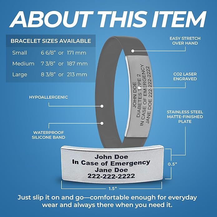 Personalized Medical Alert Bracelet for Men & Women – Custom Engraved Waterproof Silicone Wristband with Stainless Steel ID Plate – Medical ID Bracelet for Allergies, Conditions, ICE Info & Emergency Card