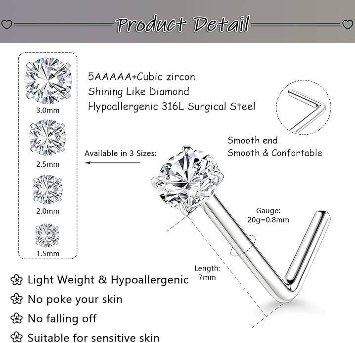 Nose Rings Studs: 8Pcs 20G Gold/Silver 316L Surgical Stainless Steel Nose Studs Hypoallergenic Corkscrew Nose Piercing Stud Jewelry for Women Men Clear Cubic Zirconia Imitation Diamond Top Size 1.5mm 2mm 2.5mm 3mm