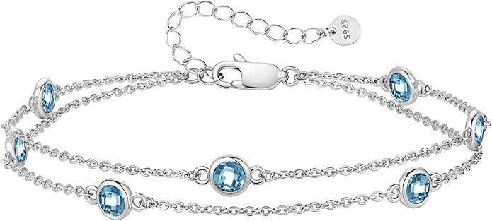 LOUISA SECRET Birthstone Bracelets for Women, 925 Sterling Silver Charm Link Double Strand Bracelet, Birthday Anniversary Christmas Jewelry Gifts for Wife Girlfriend Mother her…