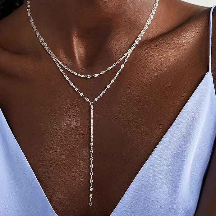 Lariat Necklace for Women, Dainty 14K Gold/Silver Plated Long Necklaces for Women Trendy Simple Layered Y-Shaped Drop Pendant Necklace Adjustable Gold Jewelry Gifts For Her Christmas Stocking Stuffer