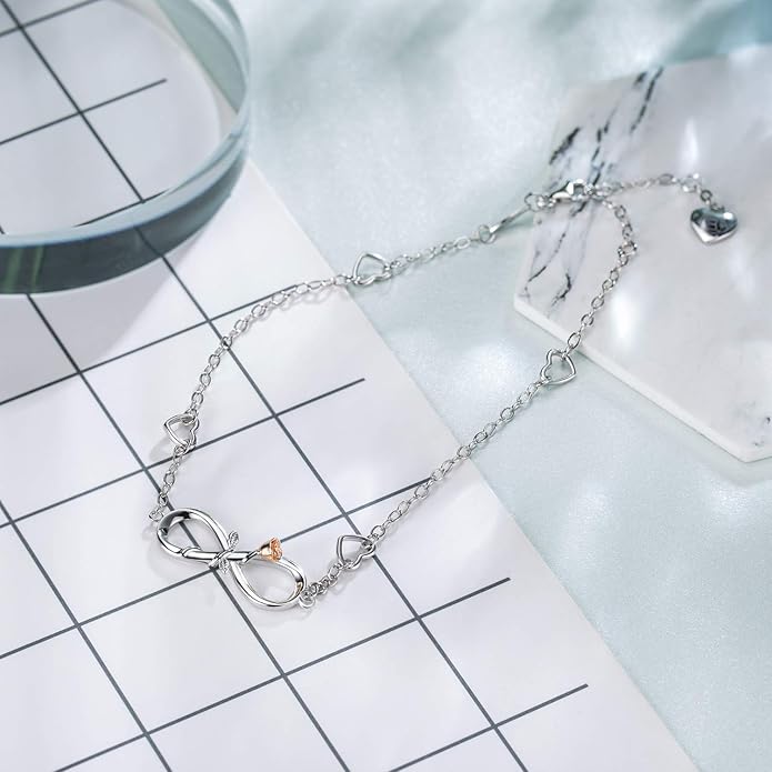 BlingGem Anklets for Women 925 Sterling Silver Infinity Hear Ankle Bracelet Cubic Zirconia Rose Gold Summer Beach Stylish Foot Chain Summer Vacation Jewelry Gift for Mom Women