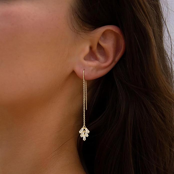 Gold Earrings for Women,Dainty 14k Gold Plated Pearl Drop Earring Dangle Pearl Dangling Earrings for Women Trendy Small Cute Wedding CZ Earring Long Chain Threader Prom Jewelry Gifts