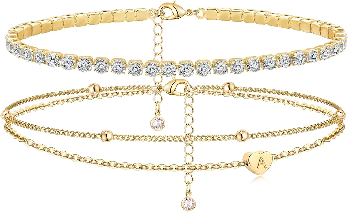 Initial Ankle Bracelets for Women, Dainty Gold Layered Heart CZ Bead Anklets, 14K Gold Plated Waterproof Summer Beach Jewelry Set