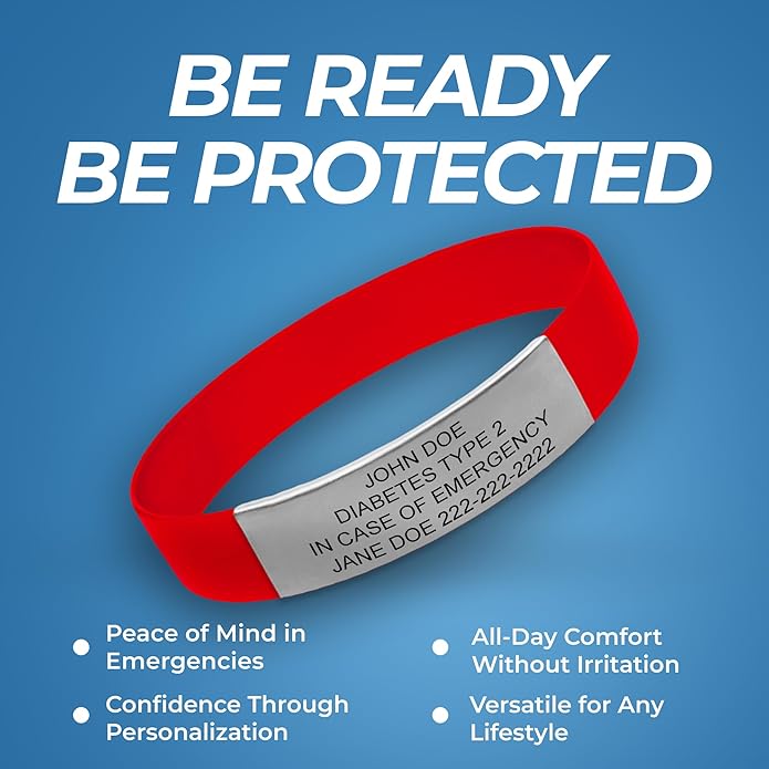 Personalized Medical Alert Bracelet for Men & Women – Custom Engraved Waterproof Silicone Wristband with Stainless Steel ID Plate – Medical ID Bracelet for Allergies, Conditions, ICE Info & Emergency Card