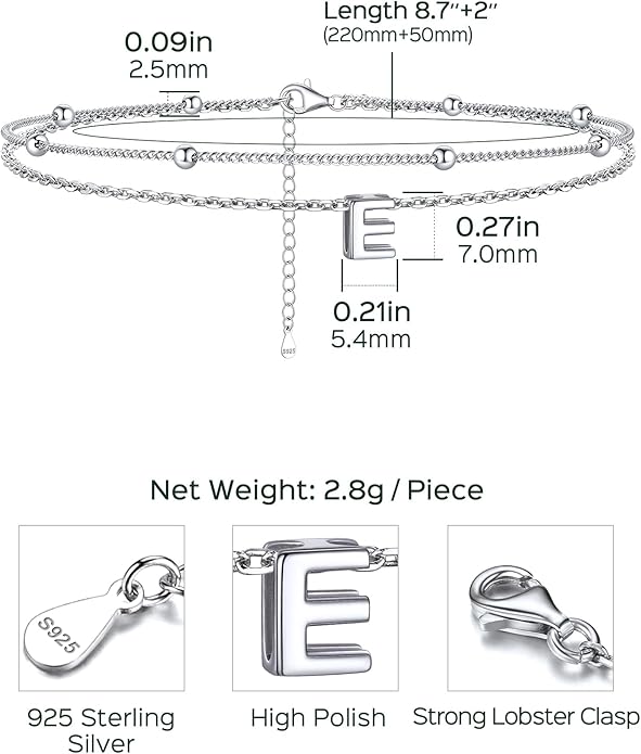 ChicSilver Ankle Bracelets for Women Waterproof, 925 Sterling Silver Initial Anklets for Women, Adjustable Dainty Layered Anklet Beach Jewelry for Women Mom Wife Friend