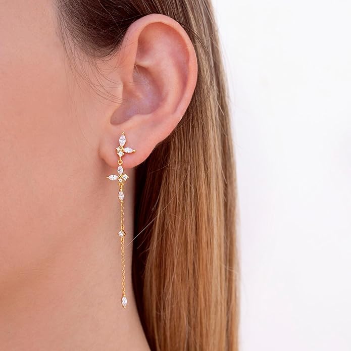 14K Gold Plated Butterfly Dangle Earrings for Women - Dainty, Trendy, Hypoallergenic CZ Drop Earrings - Simple Long Dangling Jewelry