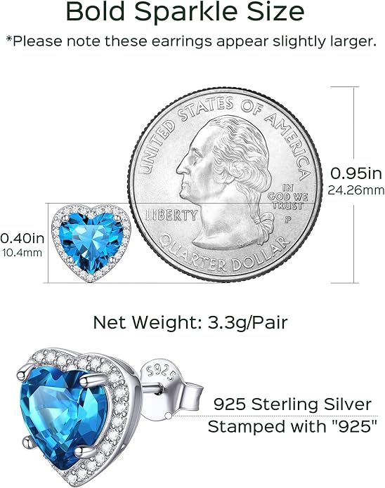ChicSilver 925 Sterling Silver Birthstone Earrings for Women, 8MM/2 Carat Heart & Round Cubic Zirconia Stud Earrings, Hypoallergenic Jewelry, Ideal Birthday or Christmas Gifts