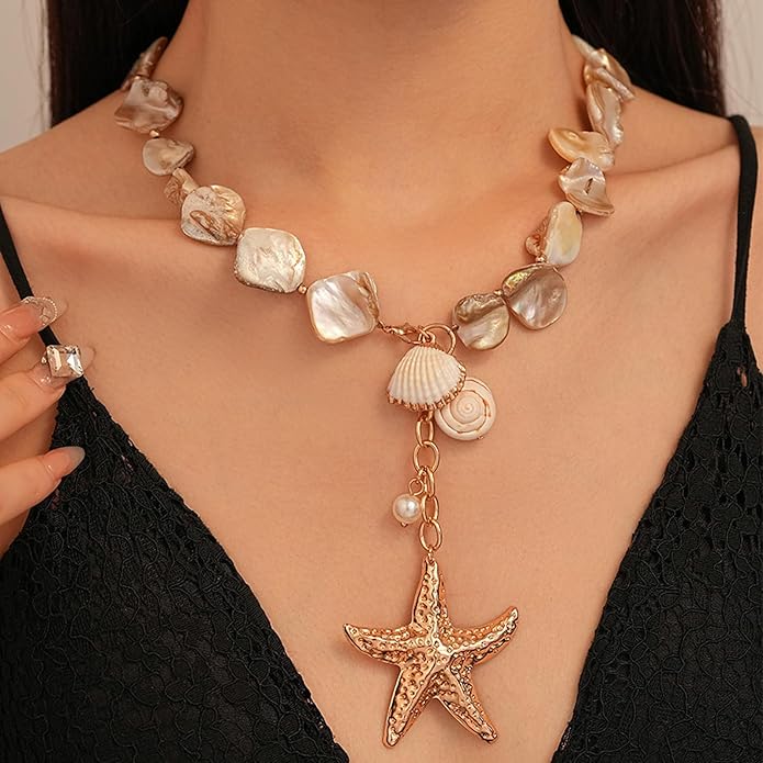 Gold Starfish Necklace for Women Beach Jewelry Accessories Sea Shell Beach Necklace Layered Starfish Pendant Beachy Ocean Necklaces Boho Cowrie Seashell Summer Necklaces Jewelry Gifts Trendy Stuff