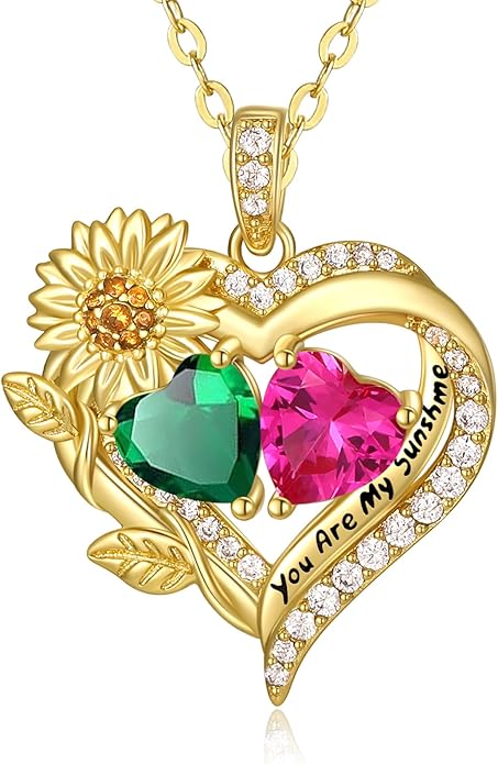 Sunflower Heart Necklace for Women 14K Gold Exquisite Anniversary Birthday Gifts for Wife Mother Her Double Birthstone Pendant jewelry‘You Are My Sunshine’