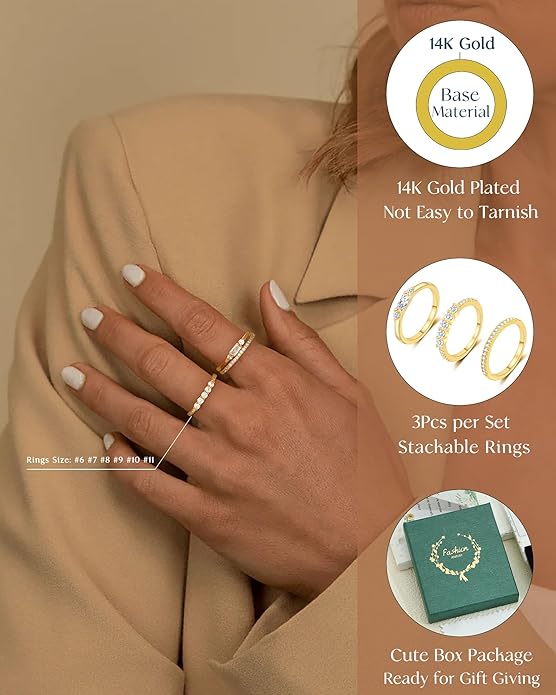 FUNEIA Stackable Silver Gold Rings for Women Non Tarnish 14K Gold Plated Thumb Cubic Zirconia Rings for Women Dainty Pinky Promise Wedding Ring Set Women's Engagement Eternity Band Rings Gold Jewelry
