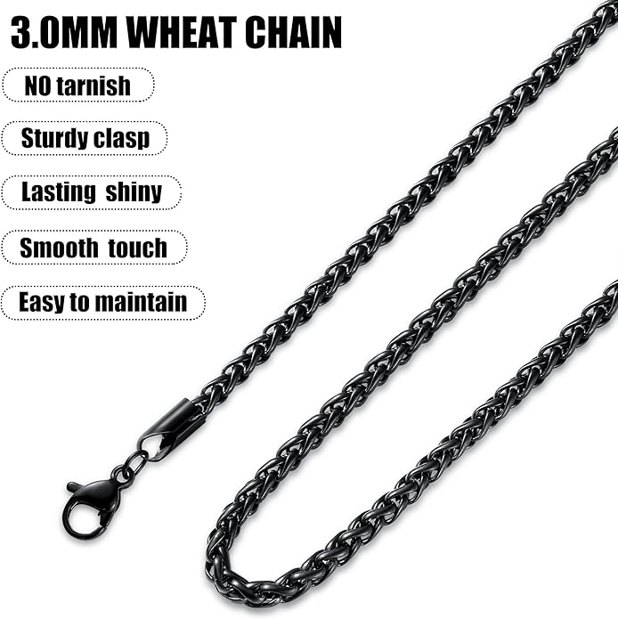 Fiusem Black Wheat Chains for Men and Women, 2/2.5/3/4/5mm Stainless Steel Necklace Chain, Mens Necklace Jewelry Gift 16-28 Inch
