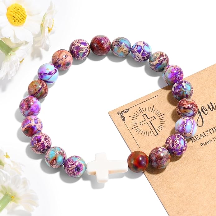 VIBILIA Cross Beaded Bracelets for Women, Inspirational Natural Heart Religious Bracelets for Women, Birthday Christian Gifts for Women on Thanksgiving Christmas Gifts