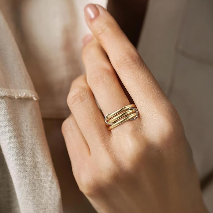 Emibele 14K Gold Plated Stackable Rings for Women, Interlocking Non Tarnish Gold Rings, Silver Dainty Cubic Zirconia Bands, Two-Toned Mixed Metal Stacking Band, Trendy Jewelry Gifts for Women