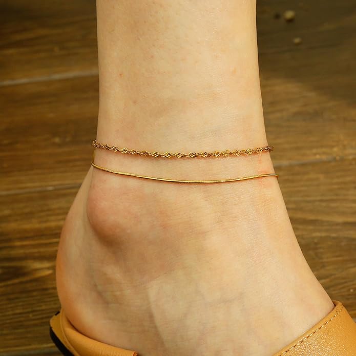 Gold Plated Ankle Bracelets For Women Waterproof,18k Gold Plated Anklets Layered Thin Snake Chain Herringbone Anklets Non Tarnish Stainless Steel Dainty Summer Jewelry Set Gift For Women