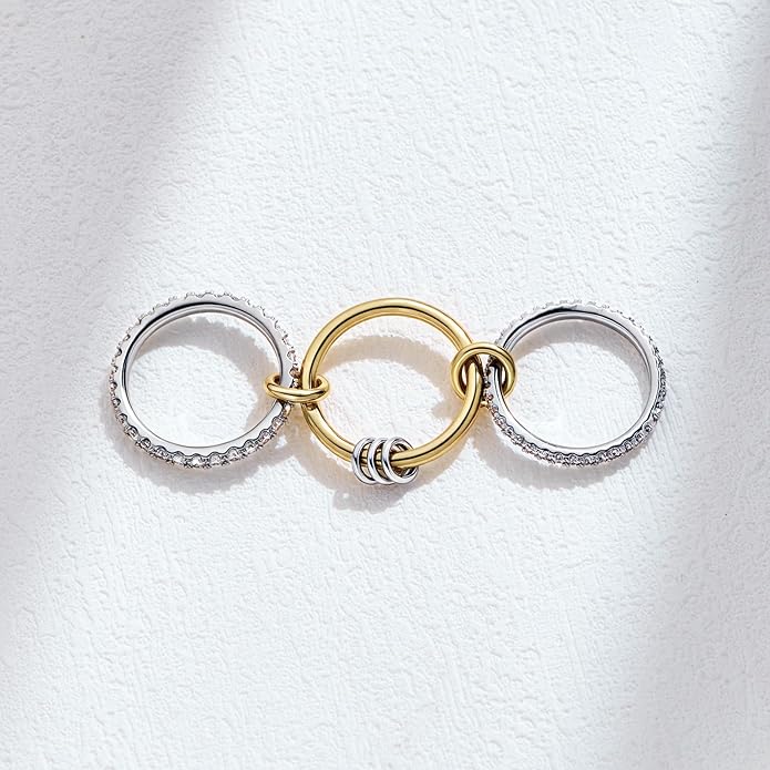 AllenCOCO 14K Gold Plated Stackable Rings, 3 Ring Set with CZ Cubic Zirconia, Gold & Silver Stacked, Multi-Link Connected Interlocking Band for Women Statement Hypoallergenic Upgraded Craft