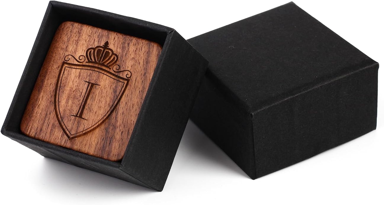 Mens Initial Silver Cufflinks A-Z Alphabet Letter Steel Cuff Links with Engraved Walnut Wood Box Groom Groomsman Wedding Set…