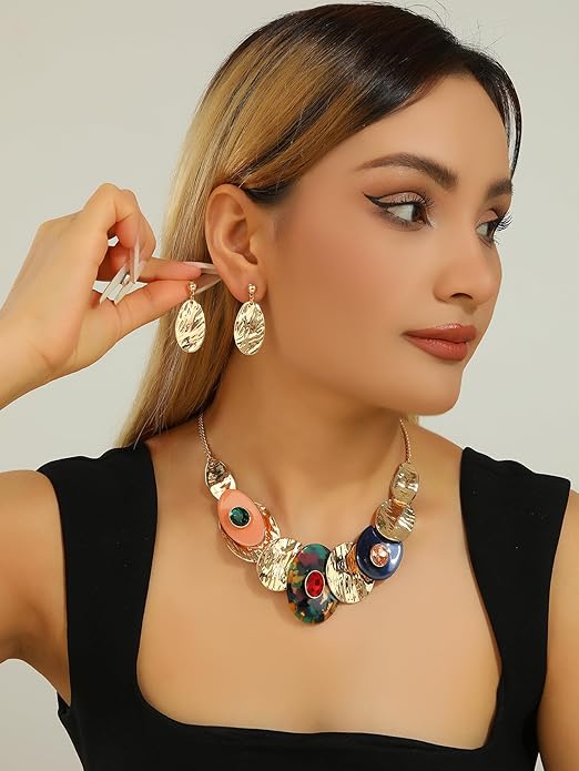 Chunky Statement Jewelry Set Vintage Retro Leaf Flower Floral Geometric Bohemian Boho Bib Necklace Earring Set Fashion Costume Jewelry for Women Girls Wedding Party Prom Unique Gift
