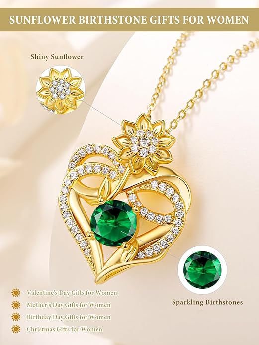 14K Gold Sunflower Birthstone Necklace for Women Infinity Love Heart Necklace Christmas Valentines Mothers Day Anniversary Birthday Gifts for Her Mom Wife Girlfriend Daughter