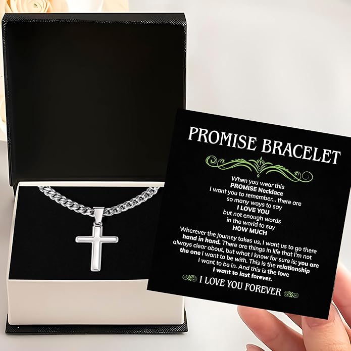 FLAGISTA Promise Cross Necklace for Him – Stainless Steel Cross Pendant with Cuban Link Chain, Meaningful Promise Gift for Husband, Boyfriend or Loved One.