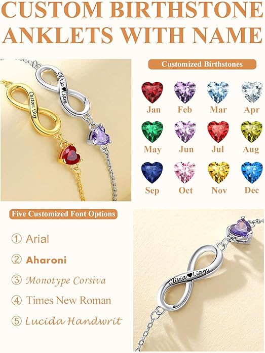 Custom4U Personalized Infinity Ankle Bracelets for Women 925 Sterling Silver Anklet Bracelet Endless Love Symbol Birthstone Charm Adjustable Foot Chain Jewelry Mothers Day Gifts for Mom Wife Women Her