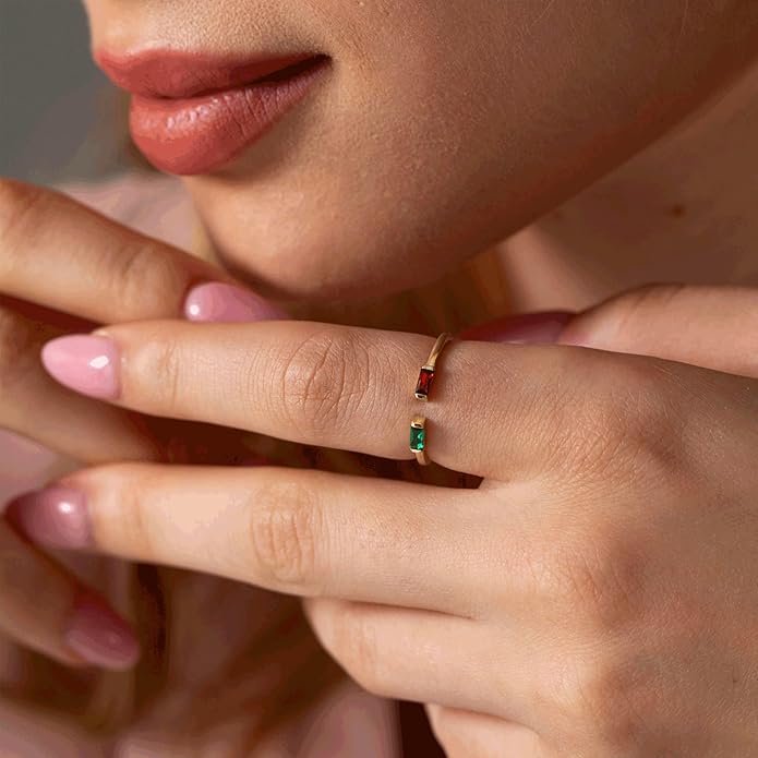 JSJOY Birthstone Rings for Women Dainty Emerald Blue Ring Birthday Gifts for Mom Her Gemstones CZ Ring for Teens Gold Rings That Don't Tarnish Adjustable Ring Jewelry Gifts