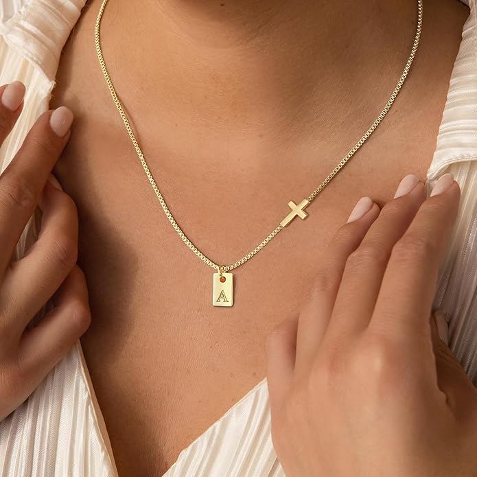Cross Necklace for Women with Initial, 14K Gold Plated Dainty Cross Pendant Choker Initial Gold Necklace for Women Jewelry Gift
