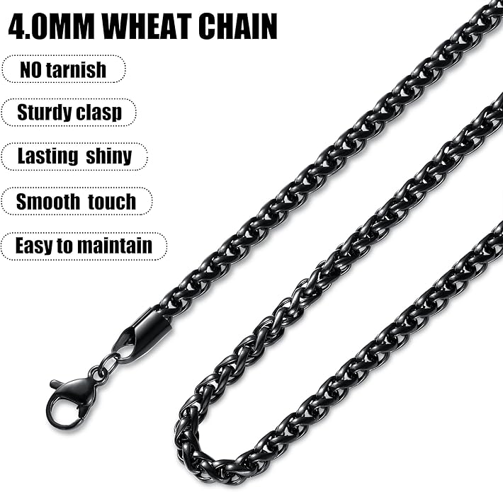 Fiusem Black Wheat Chains for Men and Women, 2/2.5/3/4/5mm Stainless Steel Necklace Chain, Mens Necklace Jewelry Gift 16-28 Inch