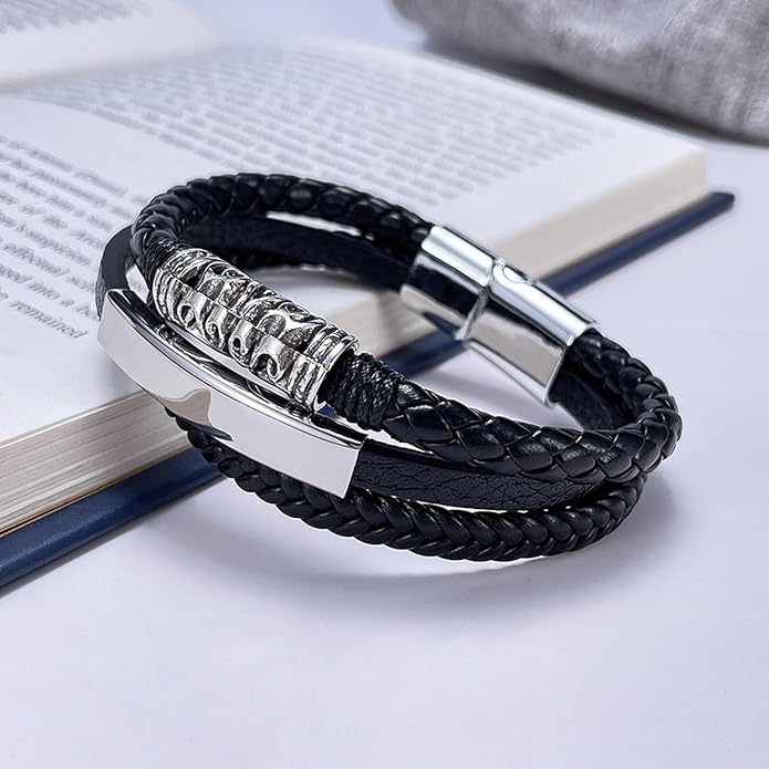 Italian Handmade Genuine Leather Bracelets for Men Stainless Steel Clip, Men's Casual Genuine Multi-layer Cuff Bracelet, Bracelet Gift for Real Men