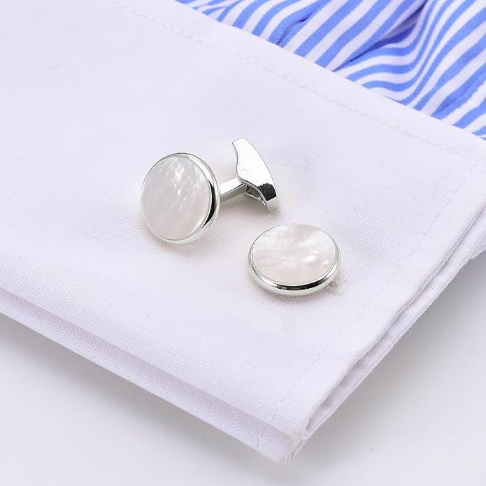 Jonwo Silver / 14K Gold Plated Natural Mother of Pearl Cufflinks for Men Women Classic Round Men's Cufflinks Jewelry for Wedding Party Anniversary Business Tuxedo Dress