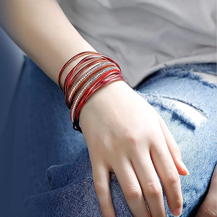 Fesciory Leather Wrap Bracelets for Women, Boho Leopard Multi-Layer Crystal Beads Cuff Bracelet Jewelry