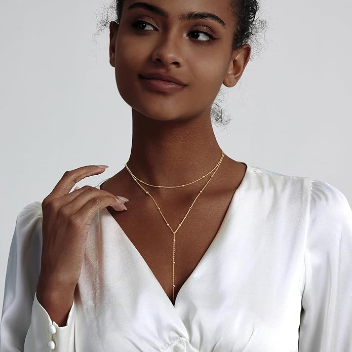 Luxval Lariat Silver Necklace for Women, Dainty Long Necklace Silver Y-Shaped Pendant Necklaces Trendy Beaded Chain Drop Necklaces Jewelry for Women Gifts