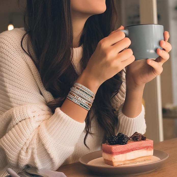 Boho 5 Wrap Bead Bracelet for Men Women - Handmade Adjustable Natural Chakras Stone Crystal Beaded Bracelets Cuff Rope Yoga Healing Bracelet Bangle Hippie Jewelry