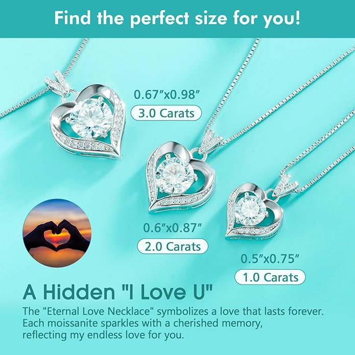 Moissanite Necklace for Women Moissanite Lab Created Diamond Heart Pendant Necklace Sterling Silver 1-3 Carat, Engraved with 'I LOVE YOU', Jewelry Gifts, for Wife, for Girlfriend, for Mom, Birthday Gift, Anniversary Present
