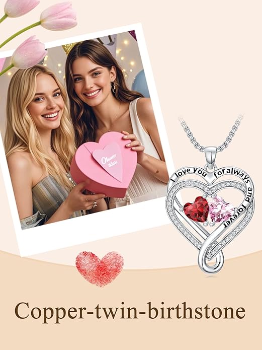 I Love You for Awlays and Forever Double Heart Necklace with Birthstone, 2 Birth Stone Jewelry Anniversary Valentines Mothers Day Christmas Birthday Gifts for Women Her Wife Girlfriend Mom Mother