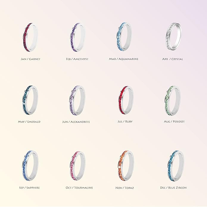 Muses Art Design Birthstone Eternity Band Ring (Channel Set/Full Round), Stackable Fashion Ring with Crystal Birthstone