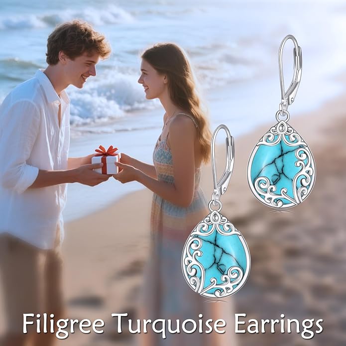 Filigree Earrings Sterling Silver Teardrop Moonstone Moss Agate Lapis Lazuli Larimar Emerald Peridot Opal Dangle Dangly Drop Leverback Earrings Boho Jewelry Gifts for Women