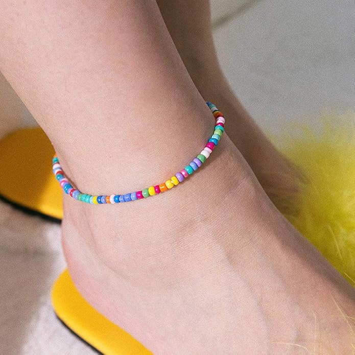 XIJIN 8Pcs Handmade Beaded Anklets for Women Boho Colorful Beads Ankle Bracelets Adjustable Foot Anklet Set