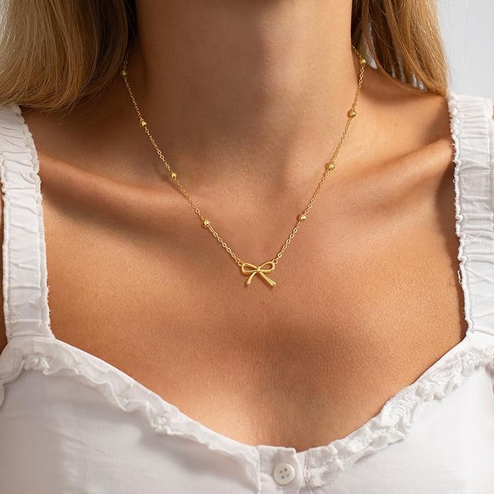 Gold Necklace for Women Dainty Bow Necklace 14K Gold Plated Cute Choker Necklace Small Bow Pendant Charm Necklaces Teen Gift Trendy Stuff Personalized Jewelry Gifts
