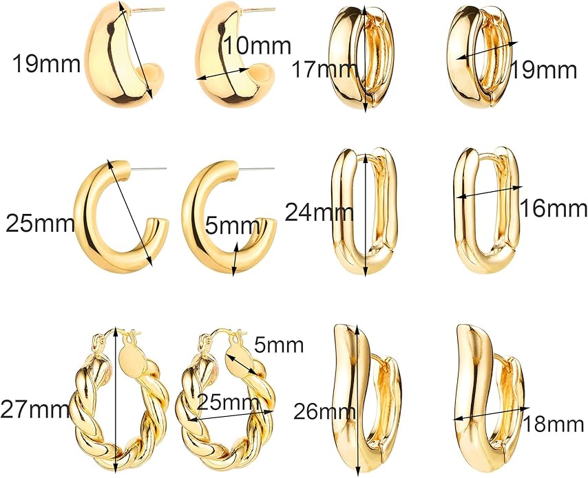 6 Pairs Gold Hoop Earrings for Women, 14K Gold Plated Huggie Hoop Earrings Set Hypoallergenic Lightweight Chunky Open Hoops Jewelry for Gift