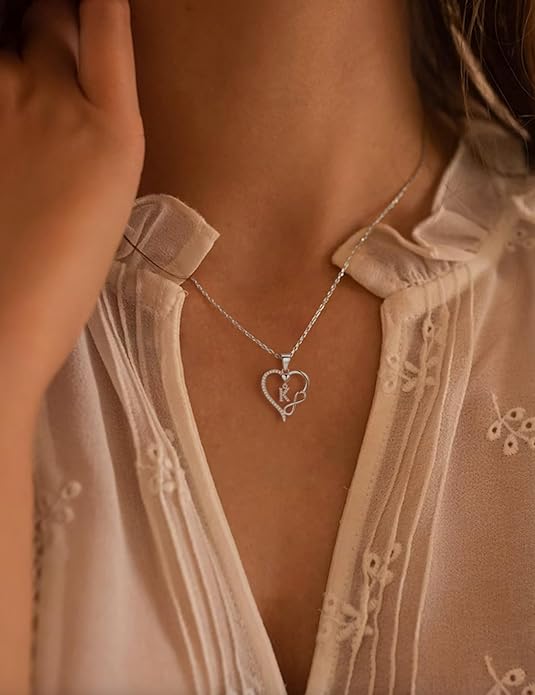 Valentines Day Gifts for Women Hers, Dainty 925 Sterling Silver Infinity Heart Initial Necklace, Letter A-Z Zircon Pendant, Jewelry Gift for Wife