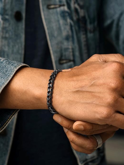 U7 Link Bracelets for Men, Cuban Link/Rope/Watch Band Solid Bracelet, Silver Black Gold Color Wrist Bracelet 3/6/9/12/15mm Width, 6.5/7.5/8.3 Inch Length, Hand Chain Jewelry for Mens Women